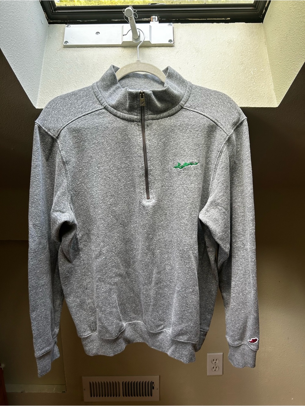 Men's/Unisex League Gray Quarter-Zip Sweater with Green Logo, size Medium